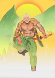 Rule 34 | 1boy, abs, bara, beard, clothing cutout, closed eyes, facial hair, facing away, facing down, feathered wings, green pants, green wings, hogen (housamo), holding, holding sword, holding weapon, horns, large pectorals, leg up, lovesheng1314, male focus, muscular, navel, nipples, old, old man, oni horns, pants, pectorals, sandals, sheath, sheathed, topless male, short hair, single horn, solo, spread wings, sun, sword, thick thighs, thigh cutout, thighs, tokyo houkago summoners, veins, weapon, white hair, wings