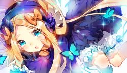 Rule 34 | 1girl, :o, abigail williams (fate), aqua eyes, bad id, bad pixiv id, black bow, black butterfly, black dress, black hat, blonde hair, blue butterfly, bow, bug, butterfly, dress, fate/grand order, fate (series), forehead, frilled dress, frills, hair bow, hat, insect, long hair, looking at viewer, multiple hair bows, open mouth, orange bow, polka dot, polka dot bow, saku nosuke, solo, sparkle, thick eyebrows
