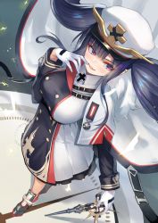 Rule 34 | 1girl, armored shoes, azur lane, black hair, blunt bangs, breasts, buttons, cape, commentary, cross, double-breasted, dress, finger to mouth, floating hair, frilled dress, frills, from above, full body, fur-trimmed cape, fur trim, gloves, hand up, hat, highres, holding, holding scepter, iron cross, large breasts, layered dress, long dress, looking to the side, military, military hat, military uniform, multicolored clothes, multicolored dress, parted lips, peaked cap, peter strasser (azur lane), purple eyes, red eyes, scepter, shadow, shimotsuki shio, sidelocks, smile, solo, standing, twintails, uniform, white cape, white dress, white gloves, white hat, wind, wind lift