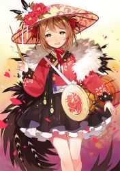 Rule 34 | 1girl, animal print, apring, bad id, bad pixiv id, bird, black skirt, brown hair, chicken, chinese zodiac, drum, dutch angle, hair ornament, hair ribbon, hanbok, hat, holding, instrument, jeonmo, korean clothes, looking at viewer, open mouth, original, petals, petticoat, red ribbon, ribbon, rooster, sash, short hair, skirt, smile, solo, stick, tail, year of the rooster, yellow eyes
