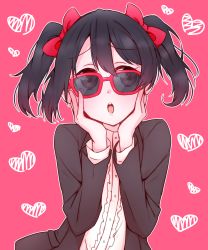 Rule 34 | 10s, 1girl, black hair, glasses, hands on own face, hatena heartbeat, heart, highres, love live!, love live! school idol festival, love live! school idol project, open mouth, red eyes, red ribbon, ribbon, sesese (iywsrh), short hair, solo, sunglasses, twintails, upper body, yazawa nico
