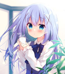 Rule 34 | 1girl, blue bow, blue eyes, blue hair, blue vest, blurry, blurry background, blush, bow, collared shirt, commentary request, cup, depth of field, gochuumon wa usagi desu ka?, hair between eyes, hair ornament, hands up, highres, holding, holding cup, izumiyuhina, kafuu chino, long hair, looking at viewer, parted lips, rabbit house uniform, shirt, solo, uniform, upper body, very long hair, vest, waitress, white shirt, x hair ornament