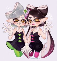 Rule 34 | + +, 2girls, aoaza 83, artist name, black dress, black hair, black jumpsuit, breasts, brown eyes, callie (splatoon), cleavage, collar, colored tongue, commentary, cousins, cropped legs, detached collar, dress, earrings, eighth note, fang, food, food on head, gloves, gradient hair, green hair, green legwear, grey background, grey hair, grin, highres, inkling, jewelry, jumpsuit, long hair, looking at viewer, marie (splatoon), medium breasts, mole, mole under eye, multicolored hair, multiple girls, musical note, nintendo, notice lines, object on head, open mouth, pantyhose, pointy ears, purple legwear, purple tongue, short dress, short hair, short jumpsuit, side-by-side, smile, splatoon (series), splatoon 1, spoken musical note, standing, strapless, strapless dress, tentacle hair, twitter username, very long hair, very short hair, waving, white collar, white gloves