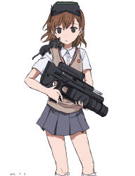 Rule 34 | 1girl, 2022, 20s, absurdres, animal, animal on shoulder, black cat, brown eyes, brown hair, brown sweater vest, bullpup, cat, cat on shoulder, clone, commentary request, dated, empty eyes, gun, head-mounted display, highres, holding, holding gun, holding weapon, matching hair/eyes, misaka imouto, misaka imouto 10032, misaka imouto 10032&#039;s cat, school uniform, shirt, short hair, short sleeves, simple background, standing, sweater vest, takatisakana, thighs, toaru majutsu no index, tokiwadai school uniform, weapon, white background, white shirt