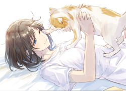Rule 34 | 1girl, animal, bed sheet, blue eyes, bob cut, breasts, brown hair, cat, cat on person, commentary, hair strand, holding, holding animal, holding cat, light smile, looking at animal, lying, medium breasts, mono lith, nightgown, on back, on bed, one eye closed, original, pawing, short hair, simple background, solo, white background, white nightgown
