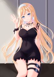 Rule 34 | 1girl, bead choker, black dress, blonde hair, blue eyes, breasts, commentary, covered navel, dress, earrings, head tilt, highres, hololive, hololive english, indoors, jewelry, large breasts, long hair, looking at viewer, medium breasts, official alternate costume, official alternate hairstyle, philo 324, short dress, sitting, smile, solo, straight hair, thigh strap, thighs, tiara, very long hair, virtual youtuber, watson amelia, watson amelia (party dress), ||/
