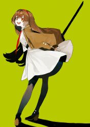 Rule 34 | 1girl, absurdres, black footwear, black pantyhose, boots, brown eyes, brown hair, brown jacket, collared shirt, dress, full body, green background, hairband, hamelon310, highres, holding, holding sword, holding weapon, jacket, library of ruina, long hair, long sleeves, malkuth (project moon), necktie, open mouth, pantyhose, project moon, puffy long sleeves, puffy sleeves, red hairband, red necktie, shirt, simple background, smile, solo, sword, very long hair, weapon, white dress