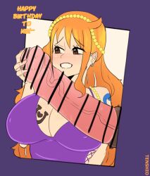 Rule 34 | 1girl, animal penis, bar censor, bestiality, breasts, censored, earrings, facing viewer, grin, highres, horse, horse penis, huge penis, jewelry, large breasts, long hair, looking to the side, nami (one piece), one piece, orange hair, penis, smile, solo focus, upper body, veins, veiny penis