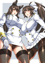 Rule 34 | 2girls, aiguillette, animal ears, atago (azur lane), azur lane, black hair, black legwear, black panties, blush, bow, breasts, brown eyes, buttons, commentary request, extra ears, from below, frown, garter straps, gloves, hair bow, hair ribbon, high ponytail, highres, lace, lace-trimmed legwear, lace trim, large breasts, lips, long hair, long sleeves, looking at viewer, looking down, military, military uniform, miniskirt, multiple girls, musashino sekai, open mouth, panties, panties under pantyhose, pantyhose, pencil skirt, pleated skirt, ponytail, ribbon, side slit, skindentation, skirt, standing, swept bangs, takao (azur lane), thighband pantyhose, thighhighs, thighs, turtleneck, underwear, uniform, very long hair, white bow, white gloves, white panties, white ribbon, white skirt