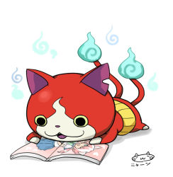 Rule 34 | 10s, animal ears, blue skirt, book, cat, cat ears, crossdressing, fangs, flame-tipped tail, full body, green eyes, haramaki, heart, inazuma eleven (series), inazuma eleven go, jibanyan, kirino ranmaru, long hair, lying, male focus, mizuhara aki, multiple tails, notched ear, on stomach, one eye closed, open book, open mouth, pink hair, reading, simple background, skirt, solo, tail, traditional youkai, trap, twintails, two tails, white background, youkai watch