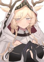 Rule 34 | 1girl, animal ears, antlers, antlers through headwear, arknights, arm guards, black gloves, blonde hair, blue eyes, blush, breasts, cape, closed mouth, deer antlers, deer ears, deer girl, ears through headwear, ebichiri mogu, empty eyes, gloves, hair over one eye, hood, hood up, hooded cape, horns, large breasts, long hair, looking at viewer, partially fingerless gloves, simple background, smile, solo, upper body, viviana (arknights), white background, white cape