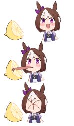Rule 34 | 1girl, :d, absurdres, animal ears, black bow, bow, brown hair, closed mouth, commentary, ear bow, english commentary, food, fruit, hair between eyes, highres, horse ears, lemon, long tongue, multicolored hair, neeevirus, open mouth, purple bow, purple eyes, purple shirt, school uniform, shirt, simple background, smile, sour (taste), special week (umamusume), tongue, tongue out, tracen school uniform, two-tone hair, umamusume, white background, white hair