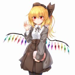 Rule 34 | 1girl, alternate costume, bag, beret, black hat, black pantyhose, black ribbon, blonde hair, blush, brown skirt, cardigan, center frills, closed mouth, collared shirt, commentary request, contemporary, cowboy shot, crystal, fang, fang out, flandre scarlet, frilled shirt, frills, grey cardigan, hair between eyes, hair ribbon, hand up, handbag, hat, high-waist skirt, highres, holding, holding bag, long hair, long skirt, looking at viewer, marukyuu ameya, mini hat, motion lines, neck ribbon, one side up, open cardigan, open clothes, pantyhose, pink background, red eyes, ribbon, shirt, simple background, skirt, smile, solo, touhou, waving, white background, white shirt, wing collar, wings