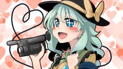 Rule 34 | + +, 1girl, :d, ^^^, aqua hair, bad id, bad pixiv id, blue eyes, blush stickers, camcorder, clenched hand, female focus, frills, hat, hat ribbon, heart, heart of string, highres, komeiji koishi, long hair, mole, open mouth, ribbon, smile, solo, touhou, tsumidango, upper body, video camera