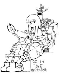 Rule 34 | 1girl, dated, gloves, greyscale, hatsuyuki (kancolle), holding, kantai collection, loafers, long hair, looking at viewer, monochrome, one-hour drawing challenge, radio controller, rigging, shoes, signature, sitting, socks, solo, task (s task80), torpedo tubes, twitter username, white background