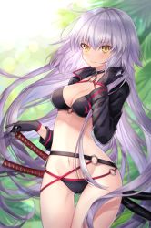 Rule 34 | 1girl, ahoge, bad id, bad pixiv id, bikini, black bikini, black gloves, black jacket, blush, breasts, choker, cleavage, closed mouth, commentary request, cowboy shot, coyucom, day, fate/grand order, fate (series), floating hair, gloves, gluteal fold, groin, hair between eyes, hand on hilt, hand up, hands on own shoulder, high collar, highres, jacket, jeanne d&#039;arc alter (swimsuit berserker) (fate), jeanne d&#039;arc (fate), jeanne d&#039;arc alter (fate), jeanne d&#039;arc alter (swimsuit berserker) (fate), katana, large breasts, long hair, long sleeves, looking at viewer, medium breasts, navel, o-ring, o-ring bikini, o-ring bottom, o-ring top, outdoors, sheath, sheathed, shrug (clothing), silver hair, solo, standing, swimsuit, sword, thigh gap, thighs, very long hair, weapon, yellow eyes