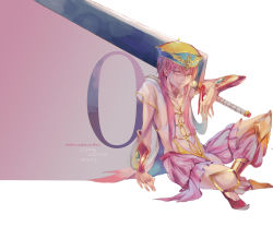 Rule 34 | 1boy, absurdres, braid, cpieng, hat, highres, long hair, magi the labyrinth of magic, male focus, pink eyes, pink hair, ren kouha, sitting, smile, solo, sword, weapon