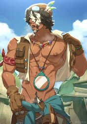 Rule 34 | 1boy, abs, absurdres, bara, bare pectorals, beard, black hair, cowboy shot, cropped jacket, dark-skinned male, dark skin, erection, facial hair, goatee, goggles, goggles on head, hair over eyes, highres, hot, jewelry, large pectorals, leather, male focus, male pubic hair, mature male, multicolored hair, multicolored pubic hair, muscular, muscular male, necklace, nintendo, nipples, pectorals, pubic hair, solo, standing, steaming body, streaked hair, syrop (syr ooo p), tauro (totk), the legend of zelda, the legend of zelda: tears of the kingdom, tied beard, uncensored, undressing, v-taper