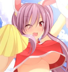 Rule 34 | 1girl, alternate costume, animal ears, arm up, bad id, bad nicoseiga id, blush, bouncing breasts, breasts, cheerleader, chimunge, covered erect nipples, large breasts, light purple hair, long hair, looking at viewer, no bra, one eye closed, open mouth, pom pom (cheerleading), rabbit ears, red eyes, reisen udongein inaba, smile, solo, touhou, underboob, upper body