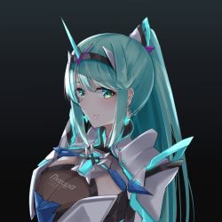 Rule 34 | 1girl, black background, breasts, chest jewel, earrings, gradient background, green eyes, green hair, highres, jewelry, large breasts, long hair, pneuma (xenoblade), ponytail, sarasadou dan, solo, spoilers, swept bangs, tiara, upper body, xenoblade chronicles (series), xenoblade chronicles 2