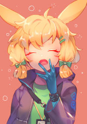 Rule 34 | 1girl, animal ears, arknights, black jacket, blonde hair, blue gloves, bow, bracelet, commentary request, closed eyes, facing viewer, gloves, green bow, green shirt, hair bow, hair ornament, hairclip, hand up, hiro (clever0303), jacket, jewelry, kroos (arknights), lanyard, long sleeves, open mouth, orange background, shirt, short twintails, solo, tearing up, twintails, upper body, yawning