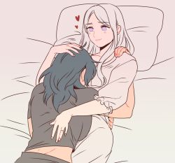 Rule 34 | 2girls, breasts, byleth (female) (fire emblem), byleth (fire emblem), commentary, edelgard von hresvelg, english commentary, fingernails, fire emblem, fire emblem: three houses, hair down, hand on another&#039;s head, head on chest, headpat, jewelry, long hair, lying, lying on person, medium breasts, medium hair, multiple girls, nintendo, on back, pajamas, pale skin, pillow, purple eyes, radiostarkiller, ring, silver hair, sleeping, sleeping on person, wedding band, wife and wife, yuri