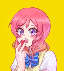 Rule 34 | 1girl, aqua bow, artist name, artist request, blue bow, blush, bow, bowtie, breasts, collared shirt, female focus, food, hair between eyes, highres, holding, holding food, looking at viewer, love live!, love live! school idol project, nail, nail polish, nishikino maki, open mouth, otonokizaka school uniform, parted lips, purple eyes, red hair, school uniform, shirt, short hair, short sleeves, small breasts, smile, solo, striped bow, striped bowtie, striped clothes, sweater, sweater vest, tomato, upper body, vest, white shirt, wing collar, yellow background, yellow vest
