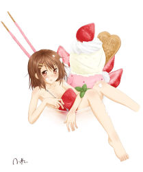 Rule 34 | 1girl, :p, bad id, bad pixiv id, barefoot, blush, brown eyes, brown hair, cream, feet, food, fruit, highres, hirasawa yui, ice cream, in food, k-on!, mini person, minigirl, nitta hiroto, nude, parfait, short hair, simple background, solo, strawberry, tongue, tongue out, white background