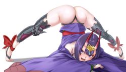 Rule 34 | 1girl, absurdres, ankle ribbon, arm rest, ass, bare shoulders, bob cut, breasts, butt crack, eyeliner, fate/grand order, fate (series), feet, flexible, hands on ground, headpiece, highres, horns, jack-o&#039; challenge, japanese clothes, kimono, leg ribbon, long sleeves, looking at viewer, makeup, meme, obi, oni, open mouth, purple eyes, purple hair, purple kimono, red ribbon, ribbon, sash, short hair, shuten douji (fate), skin-covered horns, small breasts, solo, spread legs, stretching, tachibana yuu (shika), thong, toes, top-down bottom-up, wide sleeves, wide spread legs