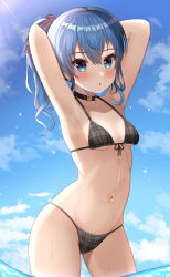 Rule 34 | 1girl, :o, absurdres, arms behind head, arms up, bikini, black choker, blue eyes, blue hair, blue sky, blush, breasts, choker, cloud, contrapposto, day, earrings, front-tie bikini top, front-tie top, grey bikini, halterneck, highres, hip focus, hisui (user zvkr2432), hololive, hoshimachi suisei, jewelry, looking at viewer, navel, outdoors, parted lips, plaid, plaid bikini, ponytail, sidelocks, skindentation, sky, small breasts, solo, star (symbol), star earrings, star in eye, stomach, string bikini, sunlight, swimsuit, symbol in eye, underboob, virtual youtuber, wading, wavy hair, wet