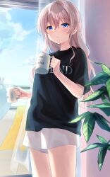 Rule 34 | 1girl, absurdres, alternate costume, backlighting, black shirt, blue eyes, blue sky, blush, casual, charlotte (anime), cloud, coffee mug, cup, day, expressionless, eyelashes, foreshortening, grey hair, hair between eyes, hair down, hands up, highres, holding, holding cup, indoors, light particles, long hair, looking at viewer, messy hair, mug, parted lips, ponpon nun, shirt, short sleeves, shorts, sidelocks, sky, solo, tomori nao, wavy hair, white shorts, window