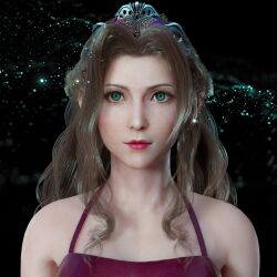 Rule 34 | 1girl, aerith gainsborough, bare shoulders, brown hair, closed mouth, final fantasy, final fantasy vii, final fantasy vii remake, forehead, green eyes, light particles, red lips, sidelocks, solo, tiara, upper body