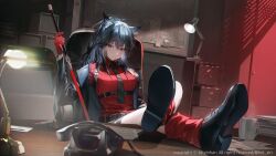 Rule 34 | 1girl, absurdres, animal ears, arknights, ashtray, belt, black belt, black footwear, black hair, black jacket, black nails, black shorts, bulletin board, chair, cigarette, coffee cup, commentary, copyright notice, cup, desk, desk lamp, disposable cup, fek zin, file cabinet, gloves, highres, holding, holding sword, holding weapon, indoors, jacket, lamp, legs on table, legs up, long hair, map, necktie, official alternate costume, paper, paper stack, phone, red eyes, red gloves, red shirt, red socks, shirt, shorts, sitting, smoke, socks, solo, sword, symbol-only commentary, texas (arknights), texas (willpower) (arknights), thigh strap, twitter username, weapon, wolf ears, wolf girl
