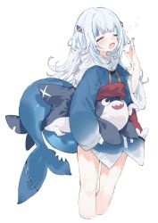 Rule 34 | 1girl, 896kcal, bad id, bad twitter id, bloop (gawr gura), blue hoodie, carrying, carrying under arm, closed eyes, cropped legs, fingernails, fins, fish tail, gawr gura, gawr gura (1st costume), hair ornament, hand up, hololive, hololive english, hood, hoodie, long hair, multicolored hair, no pants, open mouth, shark hair ornament, shark tail, sharp teeth, simple background, solo, streaked hair, tail, tail wrap, teeth, thighs, virtual youtuber, white background, white hair, yawning