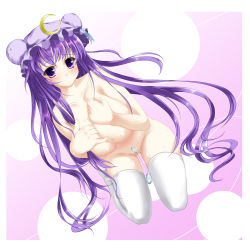 Rule 34 | 1girl, 41y (yooichiwai), bad id, bad pixiv id, breasts, colorized, crescent, female focus, fuyuno taka, hat, huge breasts, long hair, nude, patchouli knowledge, purple eyes, purple hair, sex toy, solo, thighhighs, touhou, vibrator, white thighhighs