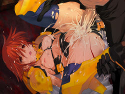 Rule 34 | 1girl, armor, blood, breasts, after rape, bukkake, censored, cum, cum in pussy, empty eyes, game cg, leila glainie, medium breasts, mosaic censoring, nipples, orion, orion (orionproject), penis, rance (series), rape, red eyes, red hair, sengoku rance, sex, solo focus, spread legs, thighhighs, upside-down, vaginal, defloration