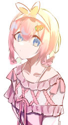 Rule 34 | 1girl, absurdres, animal ears, bad id, bad pixiv id, blue eyes, braid, braided hair rings, carrot hair ornament, closed mouth, dress, e sky rugo, fake animal ears, food-themed hair ornament, hair ornament, hair rings, hairband, highres, looking at viewer, nijisanji, pink dress, pink hair, simple background, solo, suo sango, suo sango (2nd costume), upper body, virtual youtuber, white background, white hairband
