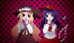 Rule 34 | 2girls, black background, blonde hair, bow, bowtie, brown eyes, brown headwear, brown skirt, brown vest, cabbie hat, closed mouth, collared shirt, esist hourai, fedora, flat cap, frilled hat, frills, gohei, hand in mouth, hat, hat feather, hat ornament, highres, holding, holding knife, jacket girl (dipp), knife, label girl (dipp), long hair, long sleeves, mandarin collar, medium hair, multiple girls, open mouth, polka dot, polka dot background, purple background, purple eyes, purple hair, red bow, red bowtie, red headwear, red skirt, ribbon, shirt, side ponytail, sidelocks, skirt, smile, star (symbol), star hat ornament, touhou, very long hair, vest, white shirt, white sleeves, white vest, wide sleeves, yellow ribbon