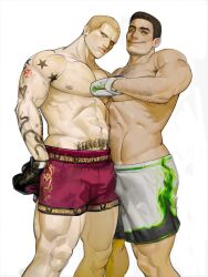 Rule 34 | 2boys, abs, arm hair, arm tattoo, armpit hair, bara, black hair, blonde hair, bouseded, boxing gloves, chest hair, chris redfield, closed mouth, facial hair, hairy, highres, jack krauser, large pectorals, male focus, mature male, multiple boys, muscular, muscular male, navel, navel hair, nipples, one eye closed, pectorals, red shorts, resident evil, resident evil 1, resident evil 4, resident evil 4 (remake), short hair, shorts, simple background, smile, stubble, tattoo, thick thighs, thighs, white background, white shorts, wrestling outfit