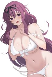 Rule 34 | 1girl, bikini, black ribbon, blush, bow, breasts, cleavage, front-tie bikini top, front-tie top, hair ribbon, hands on own chest, highres, large breasts, long hair, murasaki (senran kagura), navel, open mouth, purple eyes, purple hair, ribbon, senran kagura, simple background, solo, stomach, strap slip, surippa1010, swimsuit, torn bikini, torn clothes, very long hair, white background, white bow