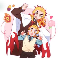 Rule 34 | 2boys, :d, black necktie, black pants, blonde hair, blue shirt, blush, cape, claw pose, cropped legs, demon slayer uniform, fire, flame print, food, forked eyebrows, fruit, hand up, hands up, kimetsu no yaiba, leaning to the side, long hair, long sleeves, male focus, multicolored eyes, multicolored hair, multiple boys, necktie, open mouth, pants, peach, print cape, red eyes, red hair, rengoku kyoujurou, rengoku toujurou, school uniform, shirt, short hair, smile, streaked hair, sweater vest, sweet potato, time paradox, ungungzza, white background, white cape, yellow eyes