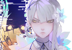 Rule 34 | 1girl, bandaged neck, bandages, braid, braided hair rings, choppy bangs, close-up, closed mouth, commentary, digital dissolve, ecoplasma, facing viewer, flower, glitch, hair flower, hair ornament, kaine (nier), long hair, looking to the side, lunar tear, nier, nier (series), pale skin, pink lips, portrait, white background, white flower, white hair, yellow eyes