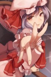 Rule 34 | 1girl, ascot, bad id, bad twitter id, bat wings, blurry, depth of field, hat, hat ribbon, light purple hair, long sleeves, looking at viewer, mob cap, open mouth, outstretched arm, red eyes, remilia scarlet, ribbon, shirt, short hair, skirt, skirt set, smile, solo, throne, tomari (veryberry00), touhou, wings