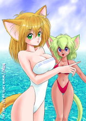 Rule 34 | 00s, 2002, 2girls, akira m, animal ears, august, bikini, blue eyes, blush, breasts, brown hair, cat ears, cat girl, cat tail, cleavage, cloud, collarbone, dark skin, dated, fangs, green eyes, green hair, highleg, highleg bikini, highleg swimsuit, large breasts, long hair, looking at viewer, multiple girls, navel, ocean, one-piece swimsuit, open mouth, parted lips, pointing, red bikini, sky, smile, standing, swimsuit, tail, teeth, water, white one-piece swimsuit