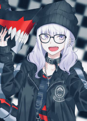 Rule 34 | 1girl, aboreen, beanie, black-framed eyewear, black collar, black hat, black jacket, black nails, blurry, blurry background, chain, checkered background, collar, cross, cross necklace, ear piercing, fangs, fingernails, glasses, hat, highres, hood, hood down, hooded jacket, jacket, jewelry, long fingernails, long hair, mechanical tail, nail art, nail polish, necklace, open clothes, open jacket, open mouth, original, piercing, pinky ring, purple eyes, ring, selfie, sleeves past wrists, smile, solo, striped, tail, teeth, tongue, upper body, white hair, zipper pull tab
