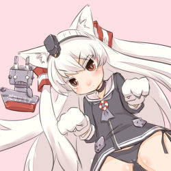 Rule 34 | &gt;:&lt;, 10s, 1girl, :&lt;, amatsukaze (kancolle), animal ears, animal hands, black panties, blush, buttons, cat ears, cat paws, choker, closed mouth, dress, eyebrows, hair ornament, hairband, kantai collection, kemonomimi mode, long hair, looking at viewer, orange eyes, panties, pantyshot, paw pose, personification, pink background, rensouhou-chan, rensouhou-kun, sailor dress, school uniform, serafuku, side-tie panties, simple background, solo, standing, string panties, turret, twintails, two side up, u-non (annon&#039;an), underwear, v-shaped eyebrows, white hair