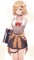 Rule 34 | 1girl, absurdres, arm behind head, bag, belt buckle, black skirt, blka, blonde hair, blouse, blue eyes, blush, bob cut, bow, bowtie, breasts, buckle, buttons, cardigan, cardigan around waist, choker, clothes around waist, collarbone, collared shirt, commentary request, cowboy shot, ear piercing, earrings, gyaru, hair ornament, hairclip, hand up, highres, holding, holding bag, jewelry, large breasts, leg belt, long sleeves, looking at viewer, miniskirt, mole, mole under eye, open mouth, original, piercing, pink bow, pleated skirt, red bow, school bag, school uniform, shirt, shirt tucked in, short hair, simple background, skirt, smile, solo, teeth, thigh strap, watch, white background, white shirt, wristwatch, x hair ornament