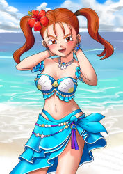 Rule 34 | 1girl, absurdres, beach, breasts, cleavage, dragon quest, dragon quest viii, flower, hair flower, hair ornament, highres, jessica albert, jewelry, looking at viewer, necklace, open mouth, orange hair, solo, swimsuit, twintails