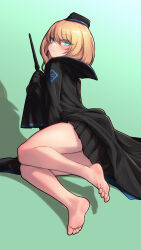 Rule 34 | 1girl, absurdres, arknights, bare legs, barefoot, black coat, black hat, black skirt, blonde hair, blue eyes, closed mouth, coat, durin (arknights), feet, from behind, full body, gradient background, green background, hat, highres, holding, holding wand, long sleeves, looking at viewer, looking back, mini hat, miniskirt, pleated skirt, short hair, skirt, sleeves past fingers, sleeves past wrists, soles, solo, toes, wand, yamauchi (conan-comy)