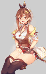 Rule 34 | 1girl, :d, atelier (series), atelier ryza, atelier ryza 3, bare shoulders, belt, beret, black choker, black footwear, boots, breasts, brown eyes, brown gloves, brown hair, choker, commentary, cum, cum on legs, earrings, gloves, grey background, hair ornament, hairclip, hands on own thighs, hat, heavy breathing, highres, jacket, jewelry, large breasts, looking at viewer, micro shorts, necklace, off shoulder, open clothes, open jacket, open mouth, pouch, red shorts, reisalin stout, ricegnat, short hair, short sleeves, shorts, simple background, single glove, sitting, smile, solo, star (symbol), star choker, thigh boots, thigh strap, thighhighs, thighhighs under boots, thighs, white hat, white jacket, white thighhighs, wing collar